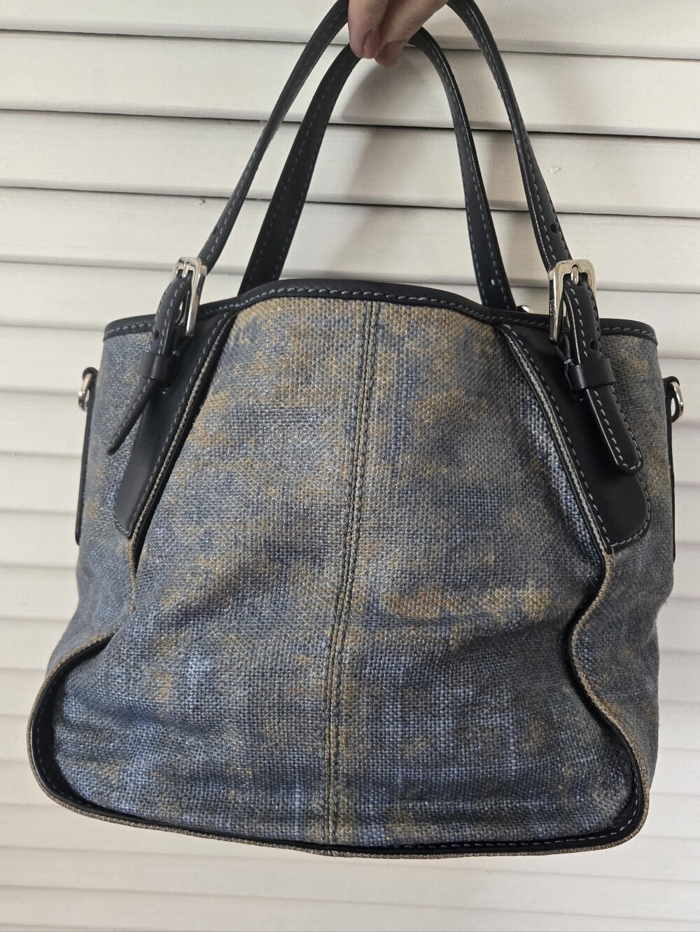 TOD'S Blue Coated Canvas Leather Trim Satchel Tote Handbag - Picture 5 of 9